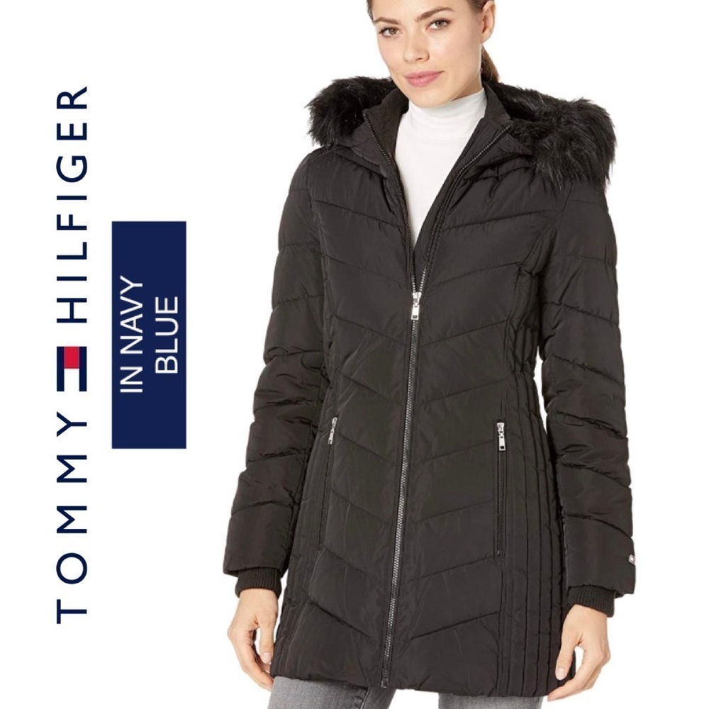 TOMMY HILFIGER NAVY BLUE MID LENGHT DOWN FILL COAT WITH FAUX FUR TEIM HO…